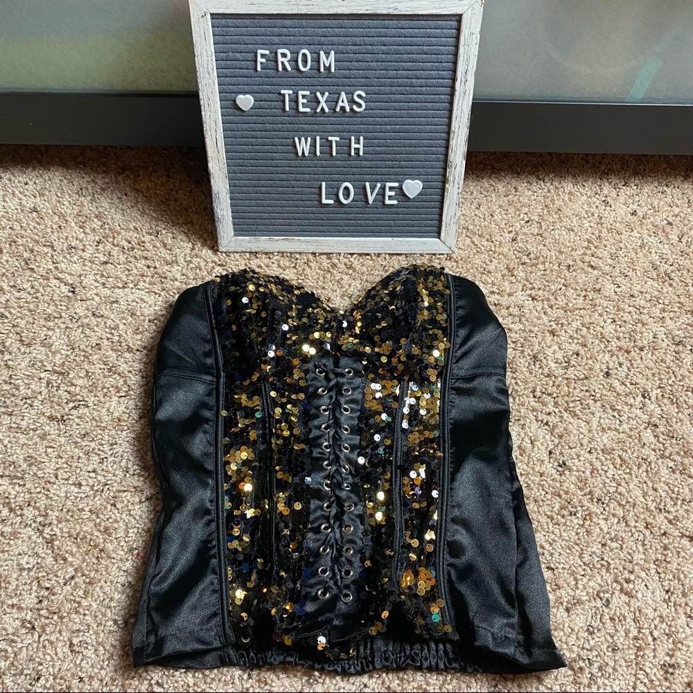 Love Culture Black & Gold Sequin Corset Sz Small